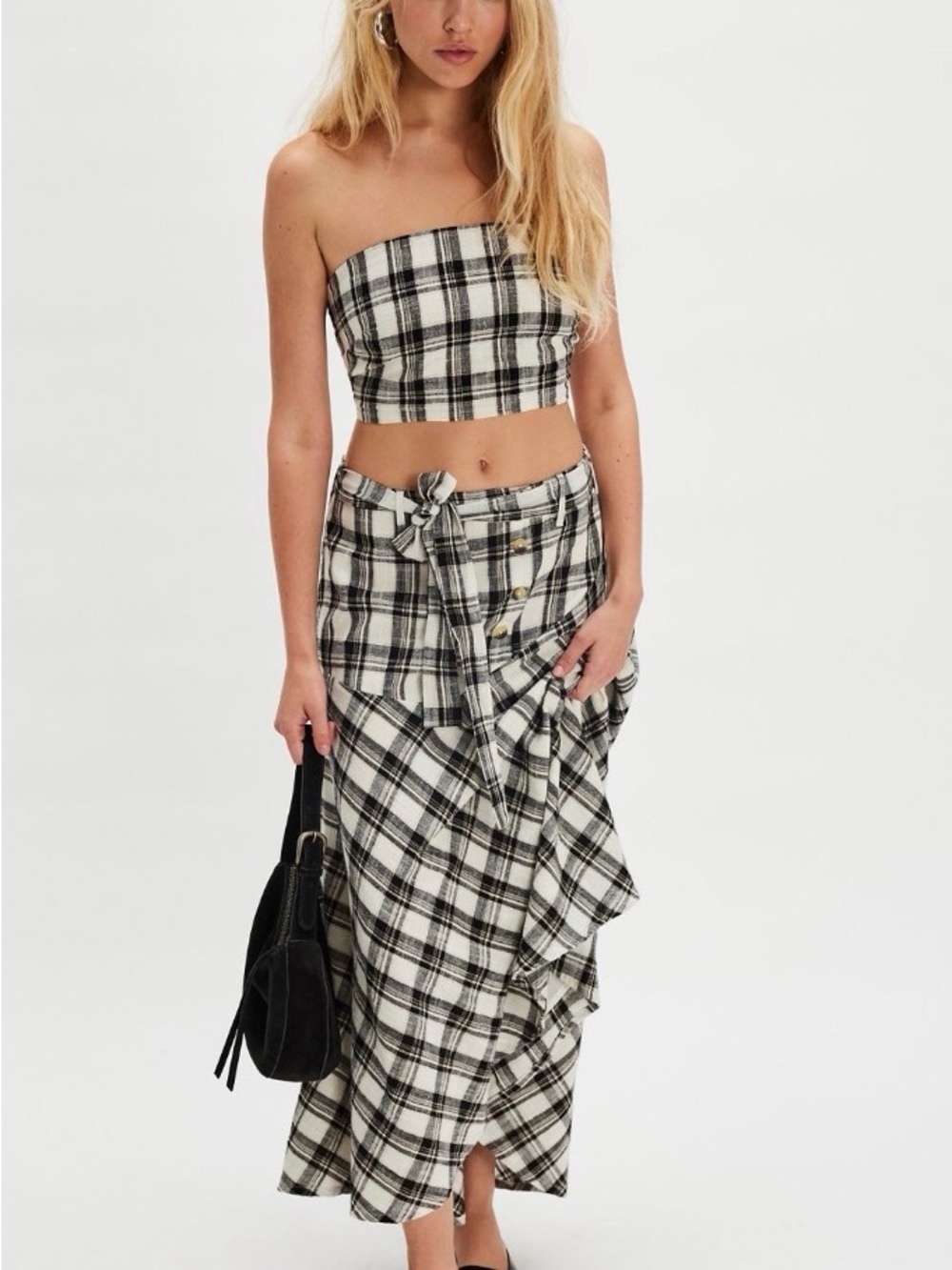 NWT Free People Black & White Plaid Asymmetrical Maxi Skirt and bandeau top set